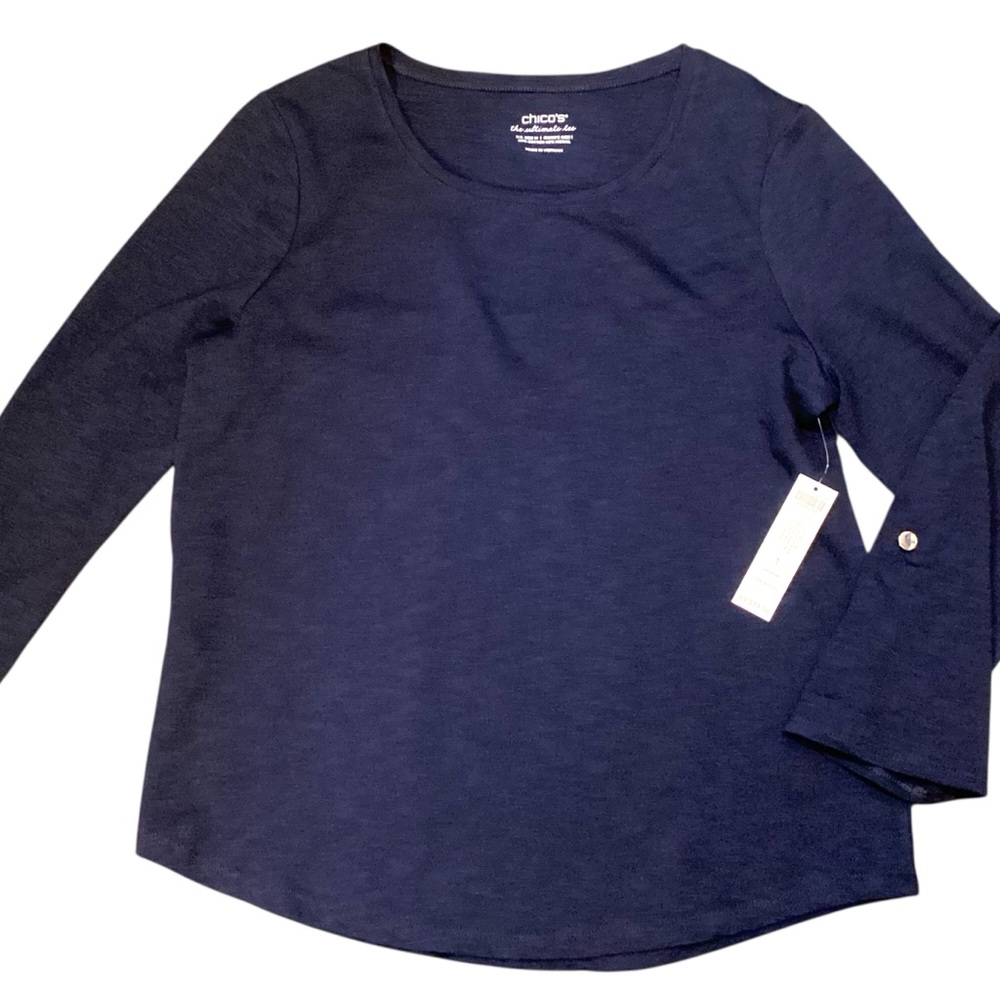 Chico’s Cotton Slub 3/4 Utility‎ Sleeve Navy Blue T Shirt Medium NEW